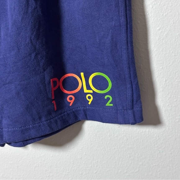 Polo Ralph Lauren Men SweatShorts Blue Polo 1992 Logo Fleece Elastic Waist Small - Picture 2 of 8
